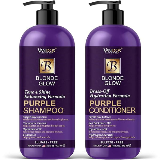 Sulfate Free Brass Toning Purple Shampoo and Conditioner Set for Blondes, Brown Highlighted, or Bleached Hair, Shampoo for Blondes Infused with Purple Rice Extract (16 fl oz each)