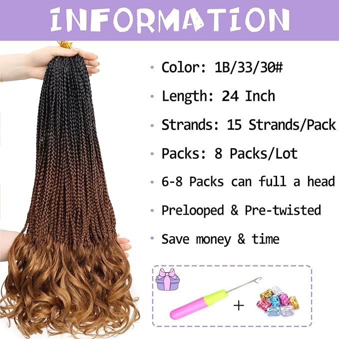 French Curl Crochet Braids 24 Inch 8 Packs Goddess Box Braids Crochet Hair for Women Pre Looped Crochet Box Braid with Curly Ends Synthetic French Curly Braiding Hair Extensions (1B/33/30)