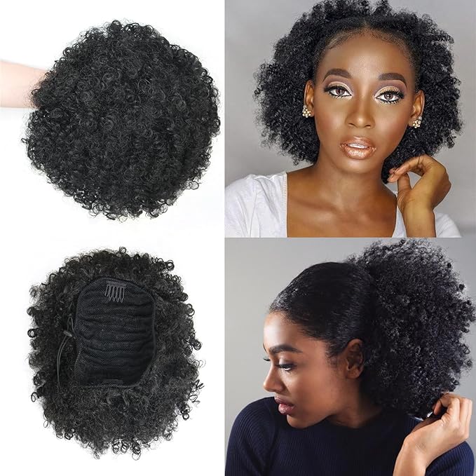 Afro Puff Drawstring Ponytail Extension for Black Women Short Afro Curly Ponytail Extension Clip On Kinky Drawstring Curly Ponytail Bun (1B#)