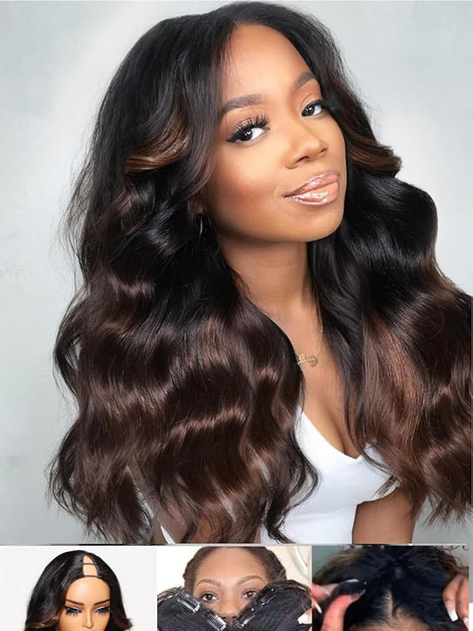 Julia Hair 12A Ombre Highlight V Part Wig Body Wave Human Hair Wigs Upgrade U Part Shadow Root Balayage Glueless Virgin Hair Clip in Half Wig No Gel No Leave Out No Sew-in Beginner Friendly 22 Inch