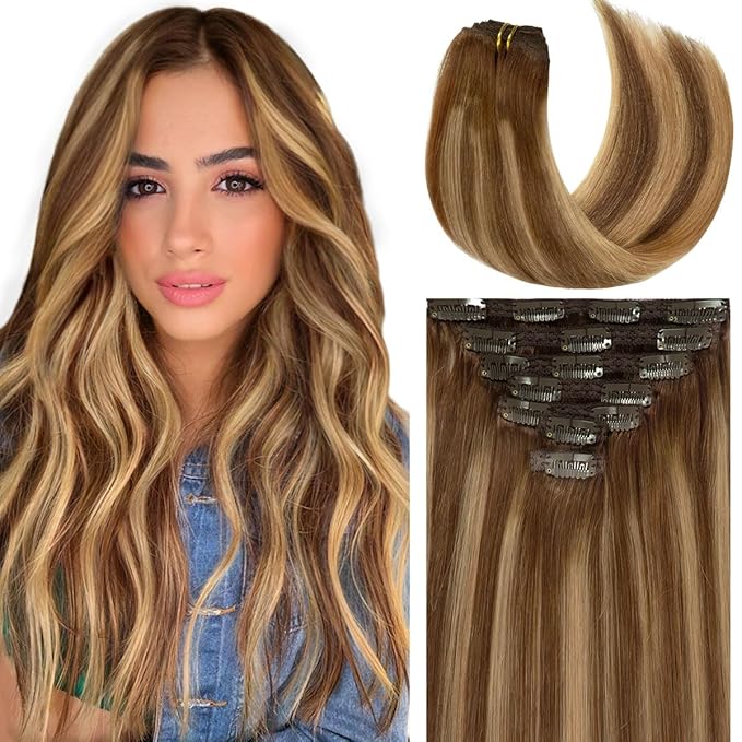 Caliee Clip in Hair Extensions Human Hair R4-4-27 Chocolate Brown Mix Caramel Brown with Brown Roots Thick Soft Remy Hair Extensions Clip in 140 G Lace Weft 22 Inch Long