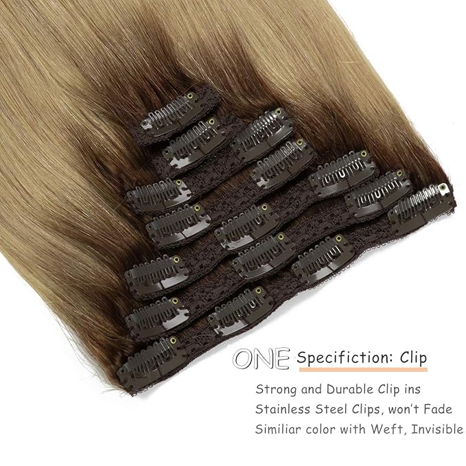 Caliee 14 Inch Clip in Human Hair Extensions R4-18 Ombre Chocolate Brown with Dirty Blonde Silky Double Weft Lace Clip in Hair Extensions Invisible Natural Straight 120G 7 PCS