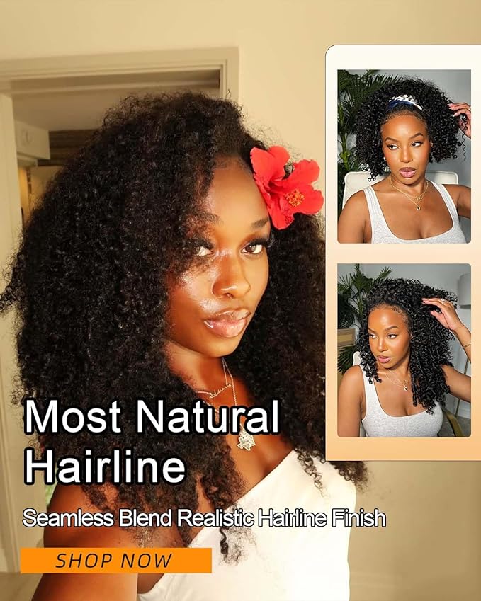 Kinky Curly Half Wig Human Hair 200% Density Wear And Go Glueless Wigs Human Hair Flexi-Fit Afro Curly 3 In 1 Half Wigs for Black Women Drawstring Seamless Flip Headband Wig 20 Inch