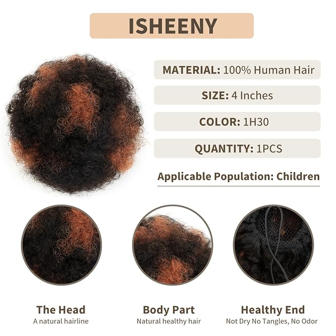 isheeny Small Human Hair Bun For Kids Age 2-5, 100% Human Hair Bun Small Drawstring Ponytail H1-30 For Little Girls, Curly Fake Hair Bun Natural, Soft, And Durable For Repeated Use