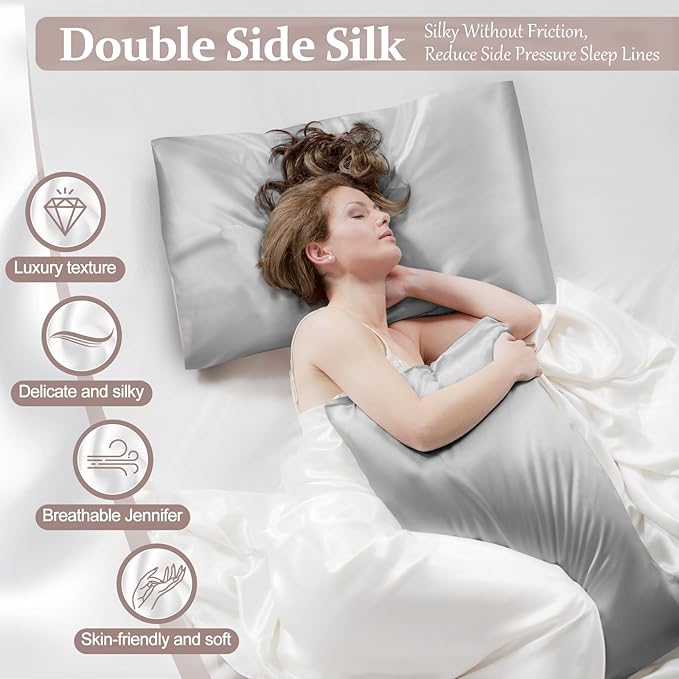 2 Pack 100% Pure Silk Pillowcase for Hair and Skin, Both Sides Mulberry Silk Pillowcases with Hidden Zipper, Cooling Pillowcase 19 Momme, 600 Thread Silk Pillow Cases Standard Size, Gray