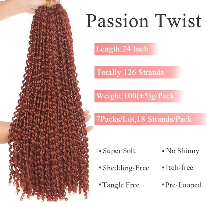 Leeven 7 Packs 24 Inch Copper Red Passion Twist Hair for Butterfly Locs Long Bohemian 350# Water Wave Passion Twists Crochet Braiding Hair 18 Strands/Pack Hot Water Setting Synthetic Braids Hair