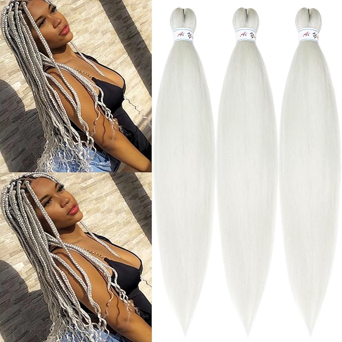 Silver Grey Braiding Hair Pre Stretched Hypoallergenic Gray Braiding Hair Extensions for Braiding Box Braids Micro Long Jumbo Knotless Kids Crochet Prestressed Braiding Hair 26 inch 3 packs