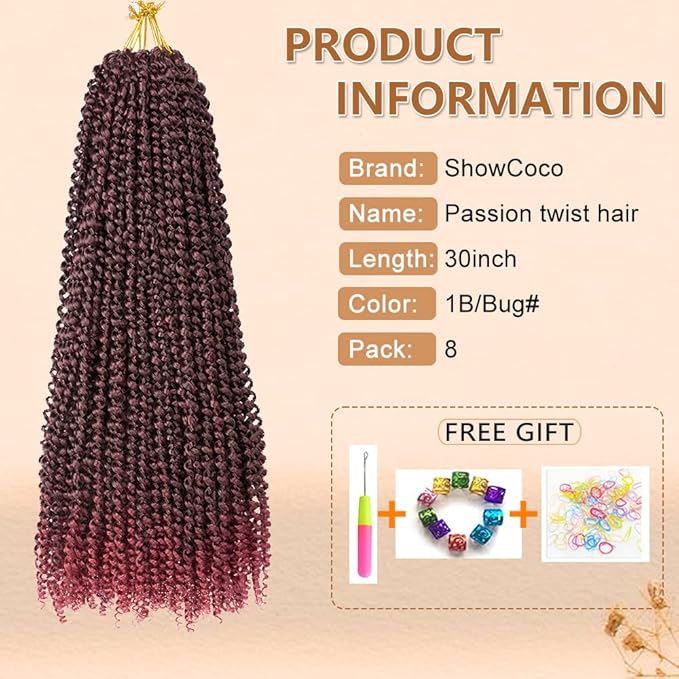 8 Packs Passion Twist Hair Water Wave Synthetic Braids for Passion Twist Crochet Braiding Hair Goddess Locs Long Bohemian Curl Hair Extensions (30 Inch, 1B/Bug)