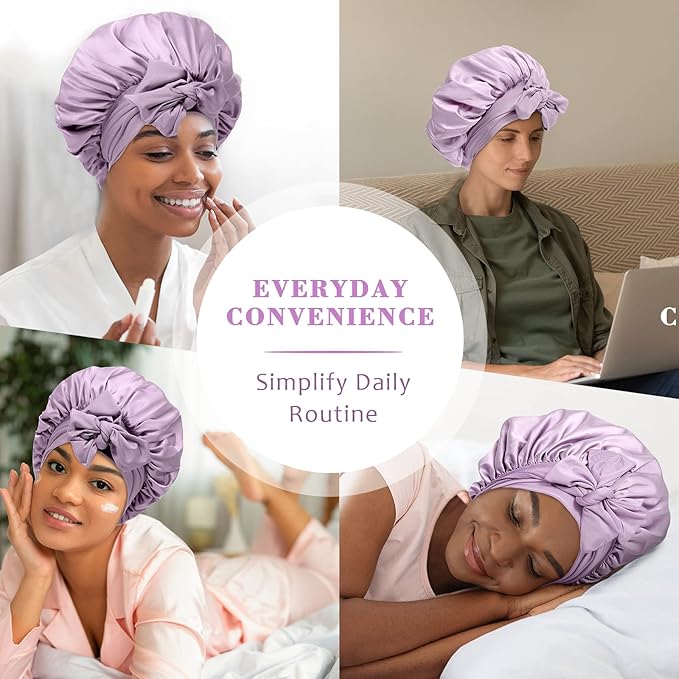 Satin Hair Bonnet Wide Band - Silk Like Sleeping Bonnets for Curly Hair Hair Wrap for Night Cap with Tie Band Breathable Satin Bonnet for Women and Girls (Purple)