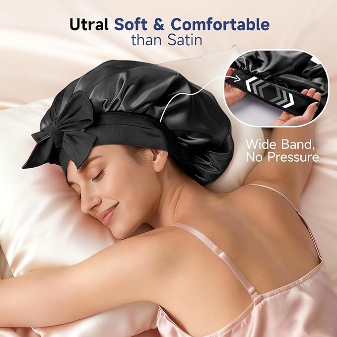 Umisleep Silk Bonnet, Soft Hair Bonnet for Sleeping, Real Mulberry Silk Lining, Bonnets for Women Hair Care, Double Layer Hair Cap with Tie, Large Silk Hair Wrap for Curly Long Hair, Black