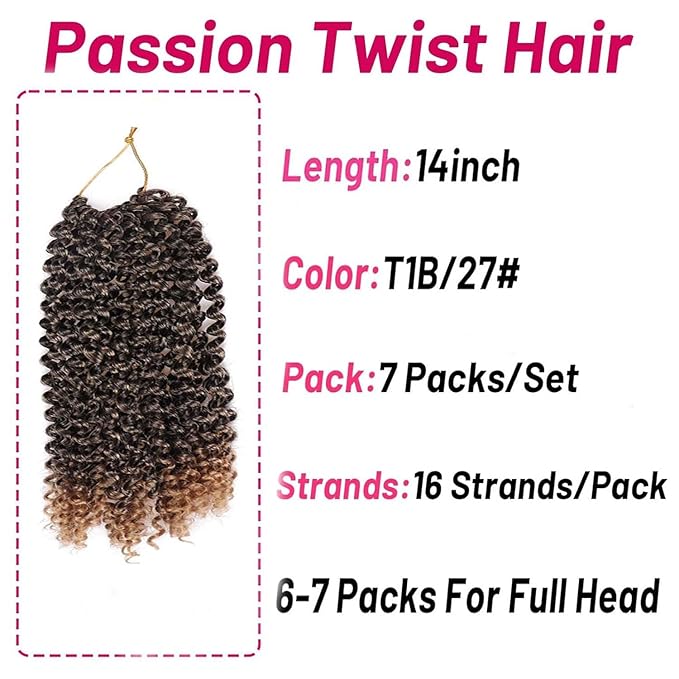 Dorsanee Ombre Honey Blonde Passion Twist Hair 14 Inch 7 Packs Water Wave Crochet Hair Long Bohemian Curly Braiding Hair for Butterfly Locs, Faux Locs, Boho Style Spring Twist Crochet Braids (T27#)
