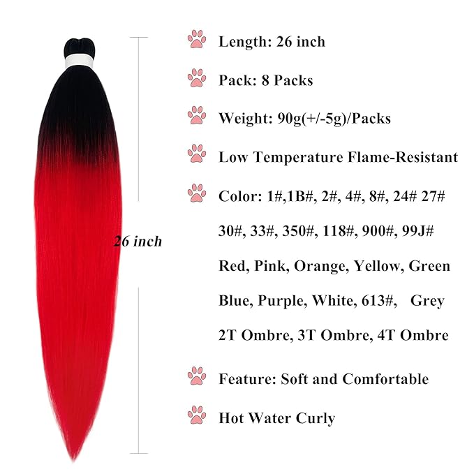 Red Ombre Braiding Hair Pre Stretched Black Red Braiding Hair Extensions for Box Braids Prestretched Braiding Hair Ombre Crochet Knotless Kids Micro Jumbo Braids 26 inch 8 pack