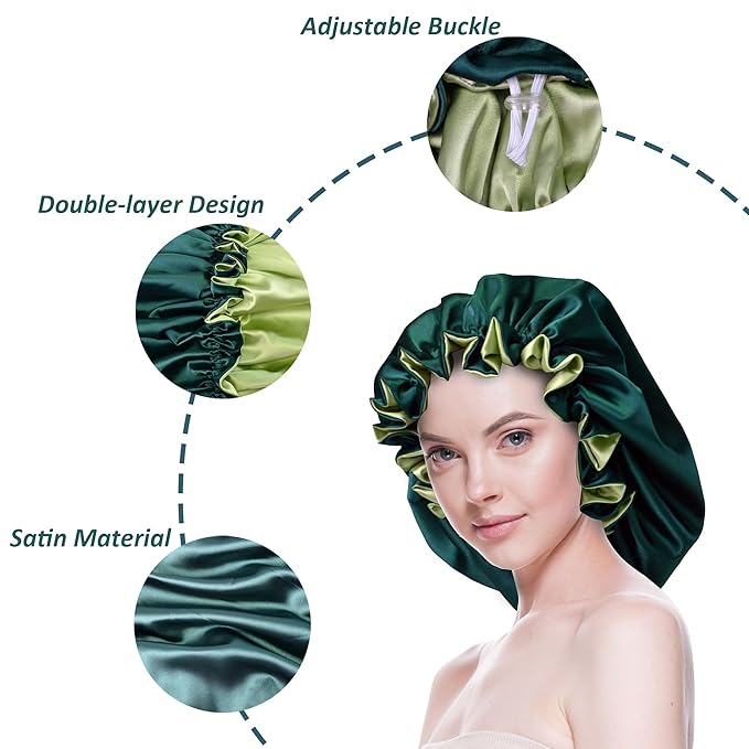 Silk Bonnet for Sleeping Satin Bonnets Double Layer Reversible Hair Cap Bonnet for Women Long Curly Braid Hair (Dark Green)