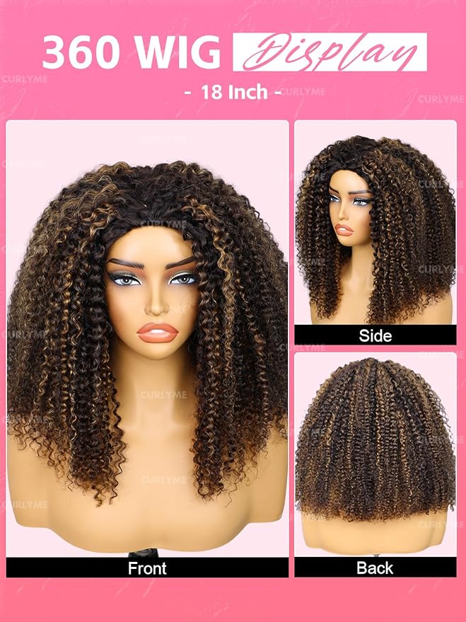 Curlyme Ombre Honey Blonde Kinky Curly Half Wig Human Wear and Go Glueless Install Flexible Fit 3 In 1 2/30 Color Half Wig Flip Over Invisible Hairline 18 Inch