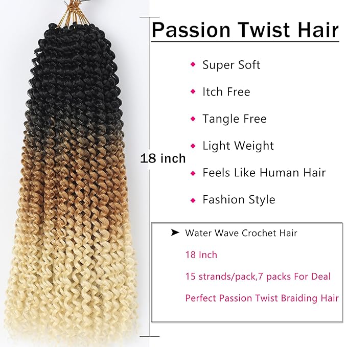 Three Tone Passion Twist Hair, 18 Inch 7 Packs Water Wave Crochet Hair,Ombre Wrap Braiding Hair For Passion Twist Crochet Hair/Butterfly Locs/Spring Twist Crochet Braids Twist Hair(18in,1B/27/613#)