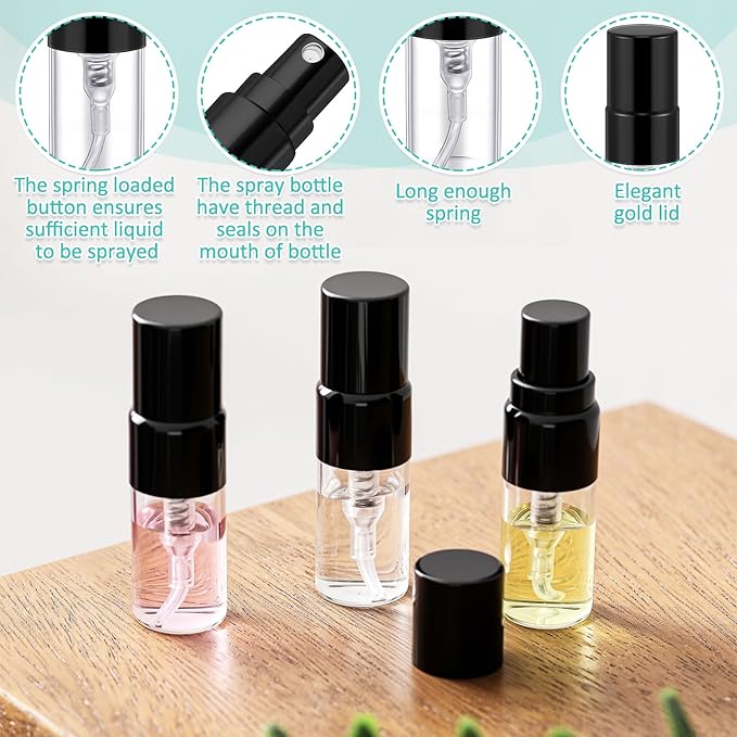 Zhehao 50 Pcs Mini Spray Bottles 2 ml Clear Glass Perfume Bottles Refillable Fine Mist Perfume Atomizer Portable Empty Sample Containers for Cleaning, Essential Oils, Travel (Black Cap)
