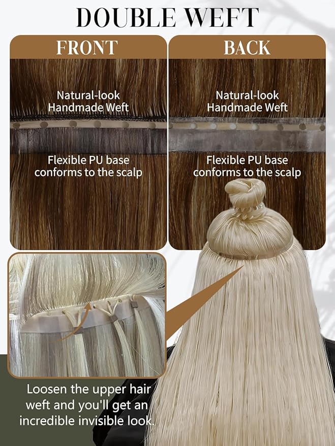 LOXXY Double Weft PU OVO Hair Extensions - 16 Inch 100g Seamless Balayage Chocolate Brown to Caramel Blonde - Invisible Butterfly Real Human Hair Extensions, 1PCS Micro Beads Genius Weft Width 31.5"