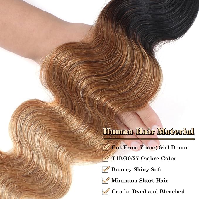 12A Grade Ombre Bundles Human Hair (T1B/30/27,16" 16" 16") Ombre Brown Body Wave Human Hair 3 Bundles 100% Unprocessed Virgin Brazilian Body Wave Hair Quick Weave