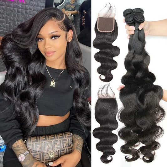 Closure with 4 Bundles (24 26 28 30+22，Free Part) Brazilian Body Wave Bundles with Closure 100% Body Wave Virgin Remy Hair Weft Human Hair Bundles with Medium Brown Swiss Lace Closure Natural Color
