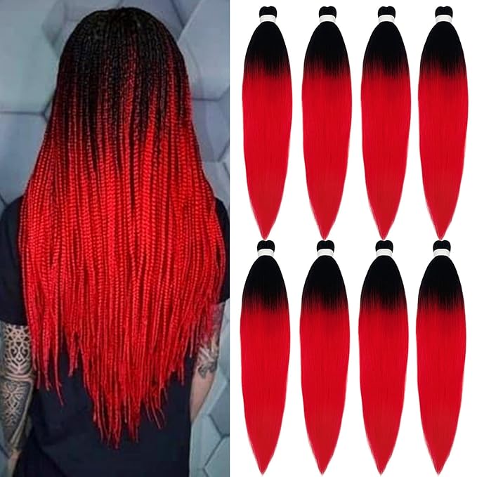 Red Ombre Braiding Hair Pre Stretched Black Red Braiding Hair Extensions for Box Braids Prestretched Braiding Hair Ombre Crochet Knotless Kids Micro Jumbo Braids 26 inch 8 pack