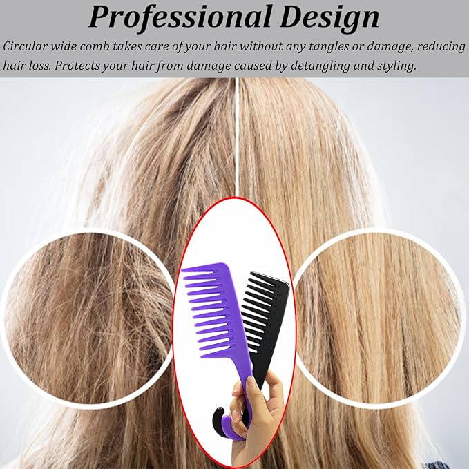 2PCS Large Wide Tooth Comb, Shower Combs with Hook for Wet Curly Hair, Premium Big Hair Brush Combs to Detangle Curls, Women Detangler Comb for Detangling Wigs, Styling Dry Thick Long Cabello