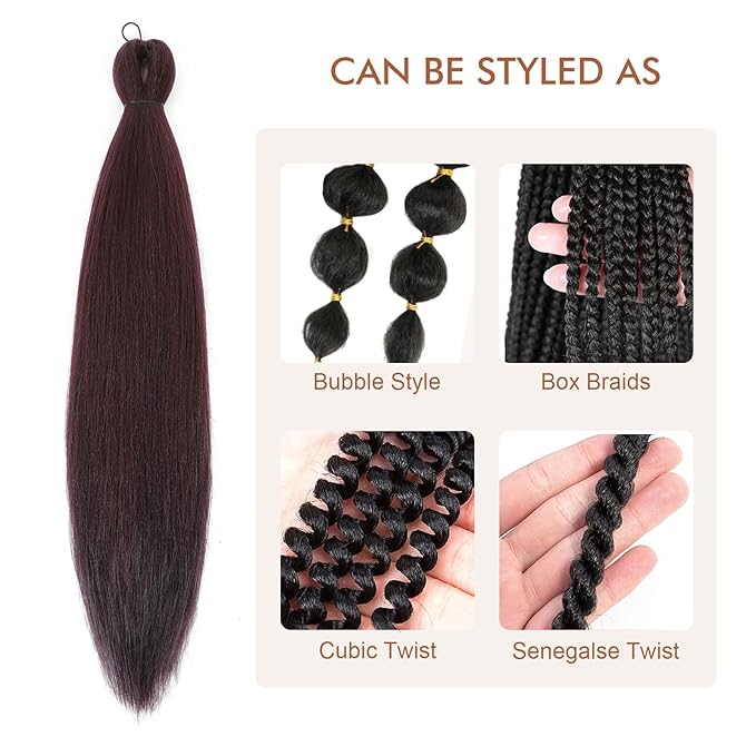 Pre-stretched Braiding Hair - 30 Inch 8 Packs Burgundy Wine Red Super Braiding Hair For Twist or Box Braids, Yaki Texture Hot Water Setting Synthetic Long Braiding Hair (30 Inch, 99J-8P)
