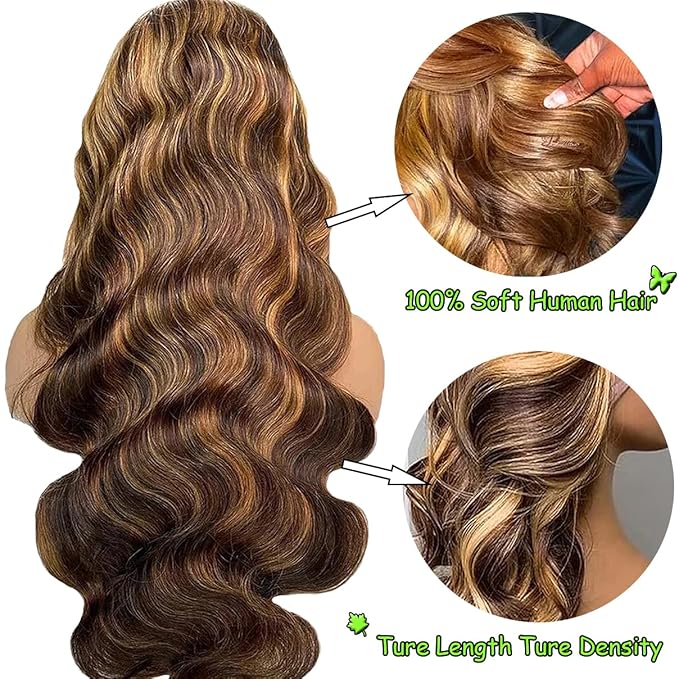 24 Inch Highlight Honey Blonde Lace Front Wig 13×6 Ombre P4/27 Highlight colored Lace Front Wigs Human Hair Pre Plucked Bleached Knots 180% Density