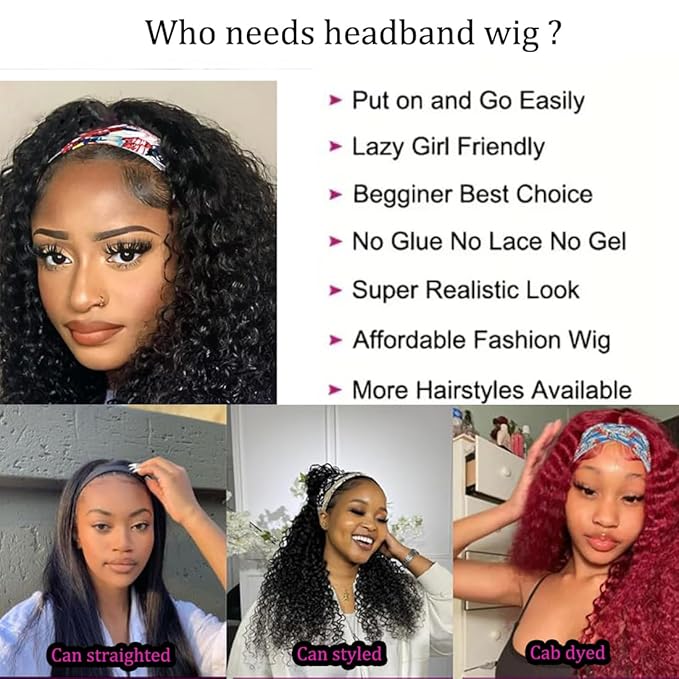Headband Wig Human Hair For Black Women 16 Inch Wet And Wavy Head Band Wigs Human Hair No Lace Deep Curly Headband Wigs Natural Black Color
