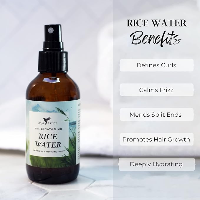 Rice Water For Hair Growth by Baja Basics, Thickness, Strength, Shine - Leave-in Conditioner for Scalp, Dry Split End Moisturizer - Fermented Rice Water Spray for Curly, Straight, Thick, Thin Hair 4oz