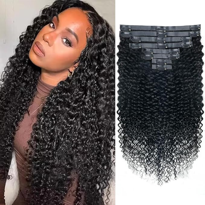 Seamless 3C 4A Kinky Curly Clip In Extension PU Weft Curly Clip in Extension Human Hair Clip Ins Full Head for Black Women Brazilian Remy Human Hair Natural Color 8Pcs with18clips 120g/Set (22 inch)