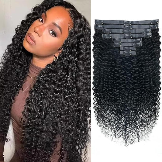 Seamless 3C 4A Kinky Curly Clip In Extension PU Weft Curly Clip in Extension Human Hair Clip Ins Full Head for Black Women Brazilian Remy Human Hair Natural Color 8Pcs with18clips 120g/Set (22 inch)