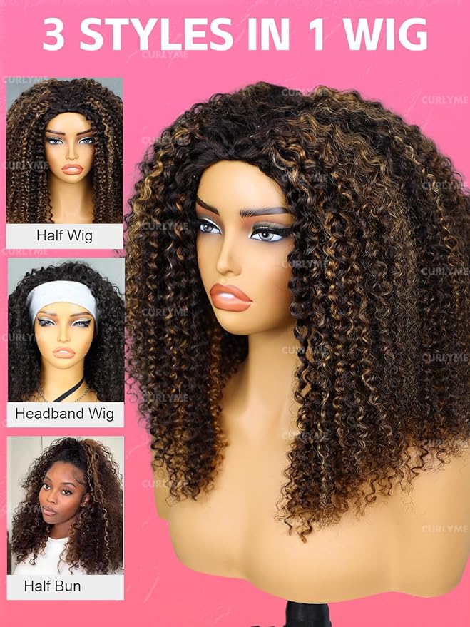 Curlyme Kinky Curly Half Wig Human Hair Highlight Brown Curly Glueless Install Flexible Fit 3 In 1 Ombre 2/30 Half Wig With Adjustable String Flip Over Beginner Friendly Invisible Hairline 20 Inch