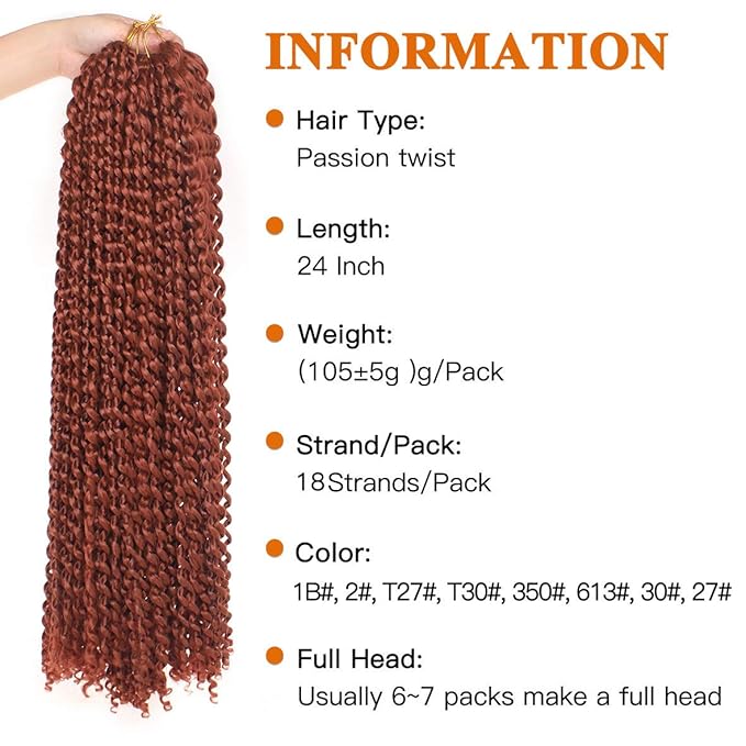 24 Inch Copper Red Passion Twist Hair 7 Packs Water Wave Crochet Hair For Butterfly Locs Goddess Locs Long Bohemian Curl Hair Synthetic Braiding Hair Extensions (24 Inch,350#)