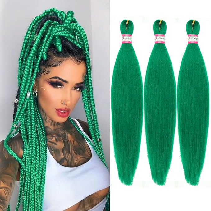Dorsanee Green Braiding Hair Pre Stretched 20 Inch 3 Packs Professional Easy Braiding Hair for Crochet Braids Twists Locs Hair Soft Yaki Texture Hot Water Setting Synthetic Hair Extensions