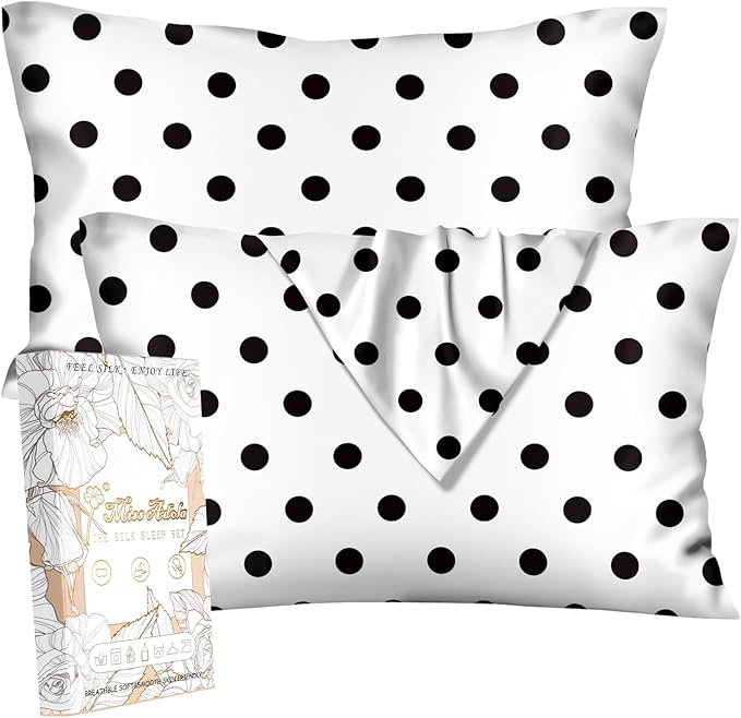 Silk Pillowcase 2 Pack - Cute Pillow Cases 20" x 26" Standard Size Set of 2 for Hair and Skin Smooth Soft Breathable with Hidden Zipper Cooling Pillow Covers for Sleeping, White Black dot