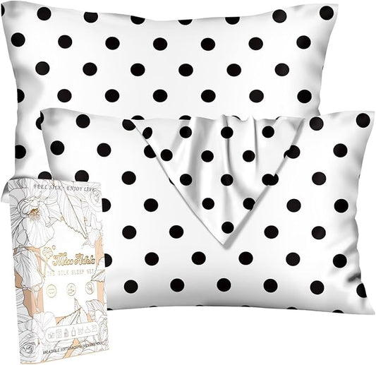 Silk Pillowcase 2 Pack - Cute Pillow Cases 20" x 26" Standard Size Set of 2 for Hair and Skin Smooth Soft Breathable with Hidden Zipper Cooling Pillow Covers for Sleeping, White Black dot