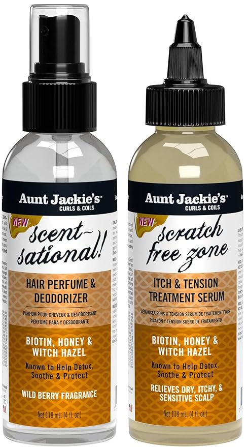 Aunt Jackie's Braid + Twist Collection Scratch Free Zone & Scent-Sational – With Witch Hazel, Biotin, and Honey – 4 fl oz (2 Products)