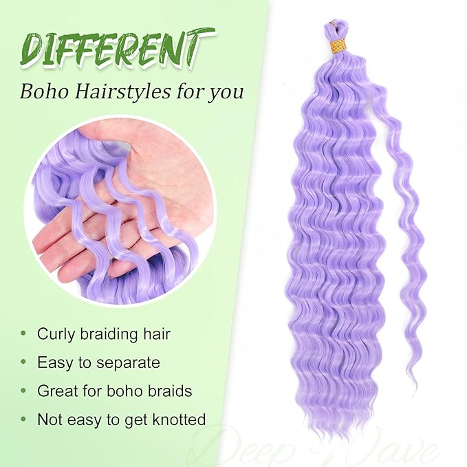 Purple Braiding Hair 18 Inch 2 Packs Long Lavender Purple Deep Ocean Wave Crochet Hair for Black Women Deep Wave Braiding Hair for Boho Braids (18 inch, lavender purple)