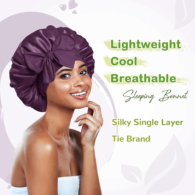 BONNET QUEEN Silk Bonnet for Sleeping Women Satin Bonnet Night Sleep Cap Wrap for Curly Hair with Adjustable Tie Band, Single Layer, Prune