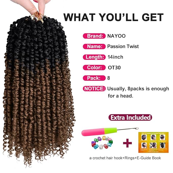 NAYOO Passion Twist Hair - 8 Packs 14 Inch Passion Twist Crochet Hair For Women, Crochet Pretwisted Curly Hair Passion Twists Synthetic Braiding Hair Extensions(14 Inch 8 Packs, OT30)