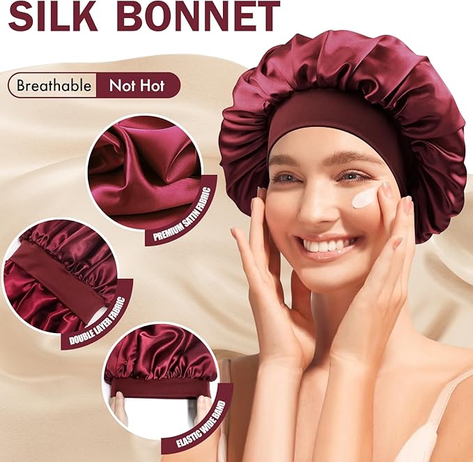Satin Silk Bonnet for Sleeping, Double Layer Silk Sleep Cap for Men & Women, Soft Satin Lined Bonnet for Curly Hair