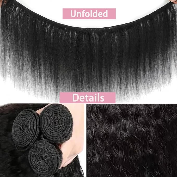 Kinky Straight Bundles Human Hair 16 Inch Yaki Straight Bundles Real Human Hair 100% Unprocessed Brazilian Deals Kinkycurly Hair Extensions Single Bundle, Style Keep Texture Silky Soft Natural Black