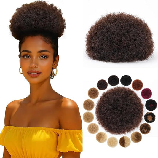 Afro Puff Drawstring Ponytail Extension 100% Human Hair #02 Dark Brown 6 Inch Small Kinky Curly Durable Natural Soft and Smooth Human Hair Clip In Hair Extensions for Black Women