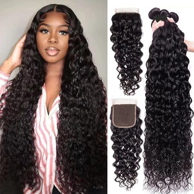 Water Wave Human Hair Bundles with Closure(24 26 28 30+22,Free Part)12A Unprocessed Brazilian Virgin Hair 4 Bundles and Closure Water Curly Bundles with 4x4 Lace Closure Natural Color