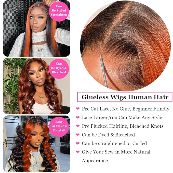 200% Density Wear And Go 9x6 Glueless Wigs Human Hair Pre Plucked Pre Cut For Beginners Ginger Body Wave Lace Front Wigs Human Hair For Black Women HD Lace Closure Colored Glueless Wig(24 INCH)