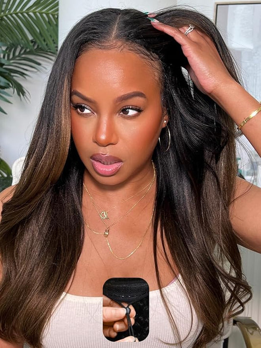 Julia Hair V Part Yaki Glueless Human Hair Wig Seamless Edge Clip in Half Wig Vpart Wigs No Sew in No Glue Ombre Chestnut Brown Upgrade U Part No Leave Out Beginner Friendly 24 Inch