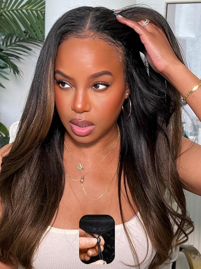 Julia Hair V Part Yaki Glueless Human Hair Wig Seamless Edge Clip in Half Wig Vpart Wigs No Sew in No Glue Ombre Chestnut Brown Upgrade U Part No Leave Out Beginner Friendly 18 Inch