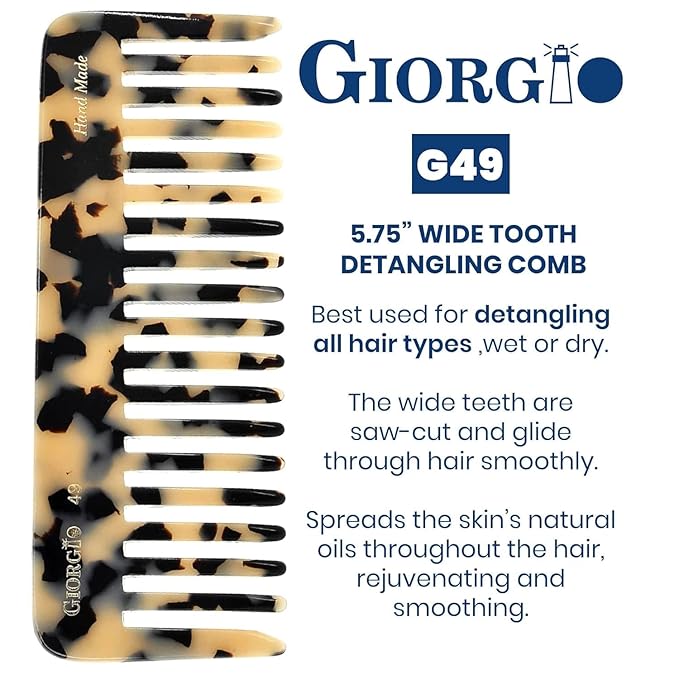 Giorgio G49 White Tokio, Large 5.75 Inch Hair Detangling Comb, Wide Teeth for Thick Curly Wavy Hair. Detangler Comb For Wet and Dry. Handmade of Quality Cellulose, Saw-Cut, Hand Polished
