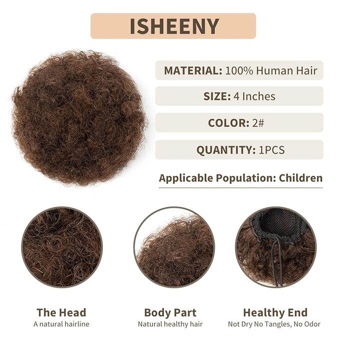 isheeny Afro Ponytail Small Afro Hair For Black Women 4Inch Dark Brown Afro Puff Drawstring Ponytail Human Hair 1 PIECES For Children Authentic And Stylish Hairpiece, Afro Curly Puff Style