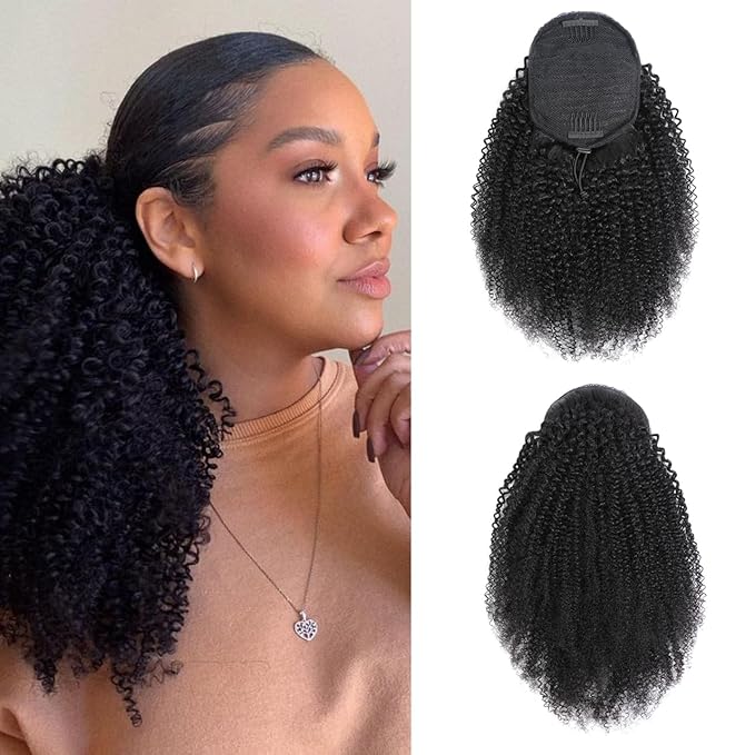Afro Kinky Curly Ponytail Human Hair 150% Density Brazilian Virgin Hair 4C Afro Puff Drawstring Ponytail Extension for Black Women Natural Color 14 Inch